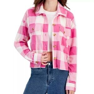 Just Polly New York Pink Buffalo Plaid Button Up Top Shacket Coat Shirt Size S